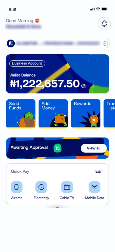 FunZ business account home with wallet balance, Send Funds, and an Awaiting Approval card showing 15 transfers