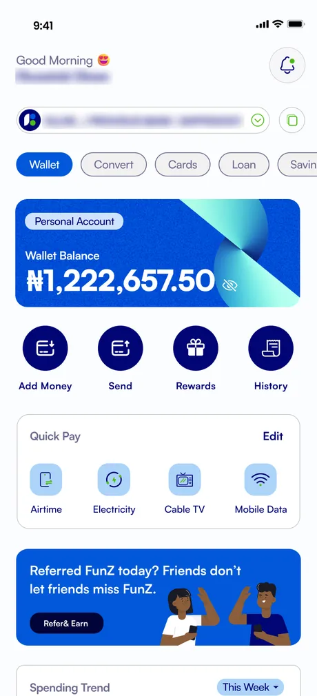 FunZ home screen showing the wallet balance, Add Money and Send actions, and Quick Pay for airtime, electricity, cable TV and data