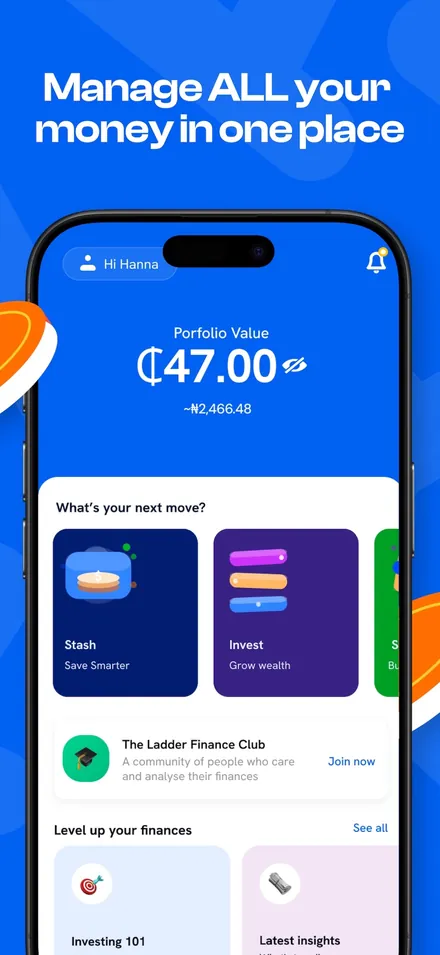 Ladder App Store screenshot: home screen showing portfolio value in cedis with the naira equivalent