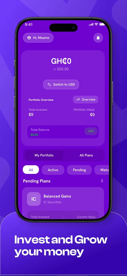 Ladder App Store screenshot: investment portfolio in cedis with a Switch to USD button