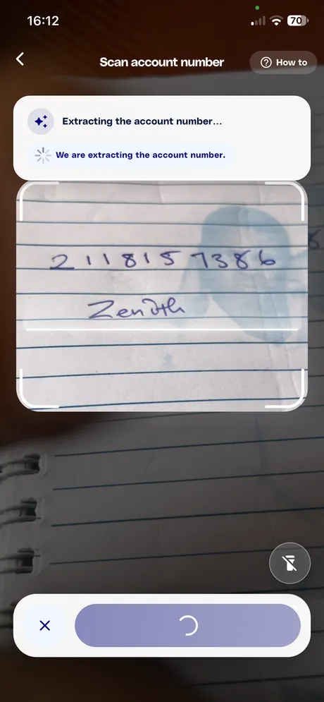 FunZ Scan account number screen extracting a handwritten account number and bank name from a notebook page