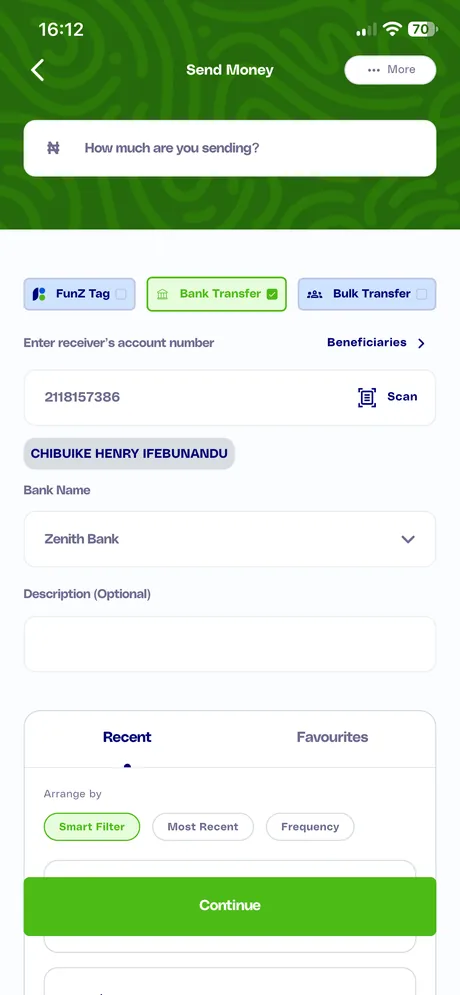 FunZ Send Money screen with the account number, account name and Zenith Bank filled in from the scan